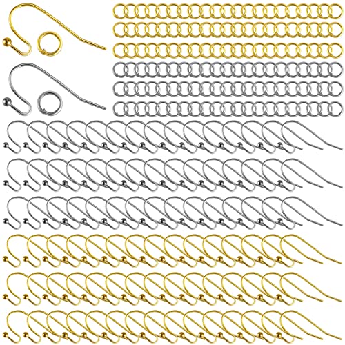 PAGOW 400Pcs Earring Hooks for Jewelry Making, Hypoallergenic Ear Wires Fish Hooks Ball End with Jump Rings, Silver Gold Color DIY Earrings Findings Making kit Supplies