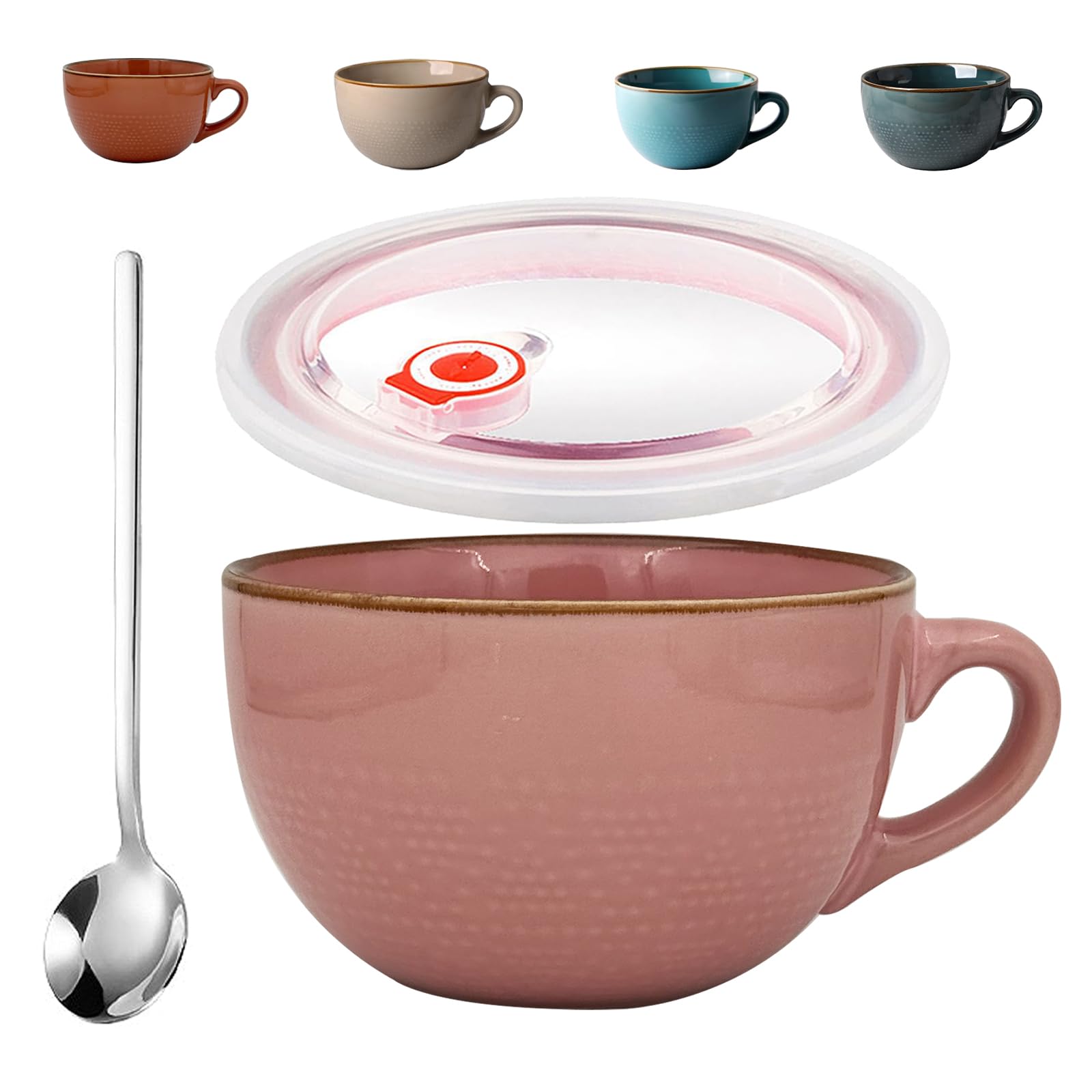 Groß Tasse Keramik, 700ml Groß Müslischalen mit Henkel, Salat Schale, Große Teetasse, Porzellan Kaffee Tasse, Porzellan Suppenschüssel, Mit Deckel und Löffel, für Desserts (Rosa) Küche, Haushalt & Wohnen