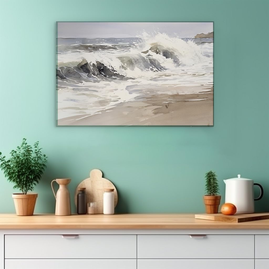 Canvas for Living room. Crashing Waves and Brooding Skies: Capturing the Serenity of a Beachscape in Monochrome, 27 x 18 inch Canvas Wall Art - Contemporary Masterpieces - Modern Home Decor