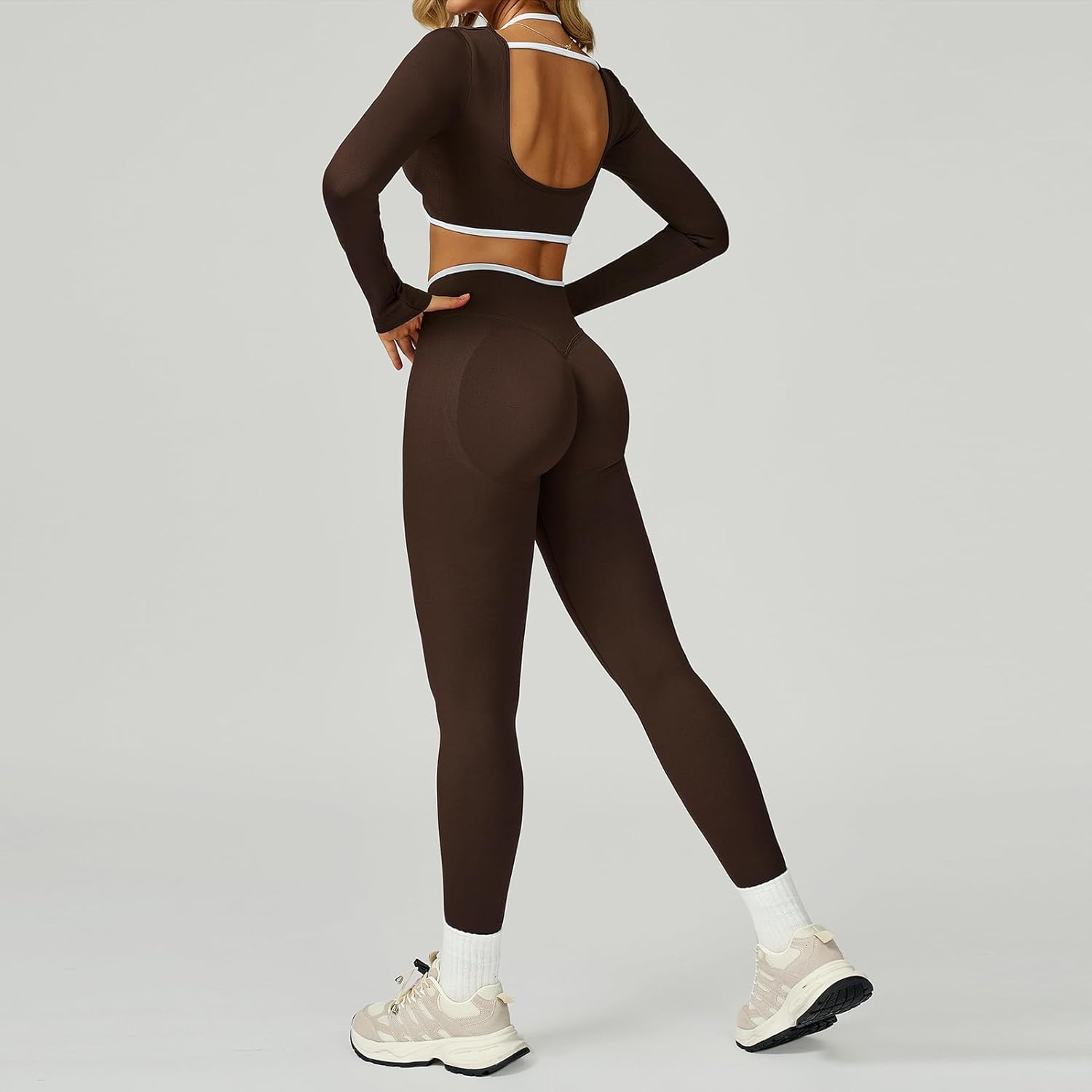 UONNOU Workout Sets for Women 2 Piece Seamless Long Sleeve Crop Top and High Waist Scrunch Butt Lifting Leggings Yoga Outfits - Image 7