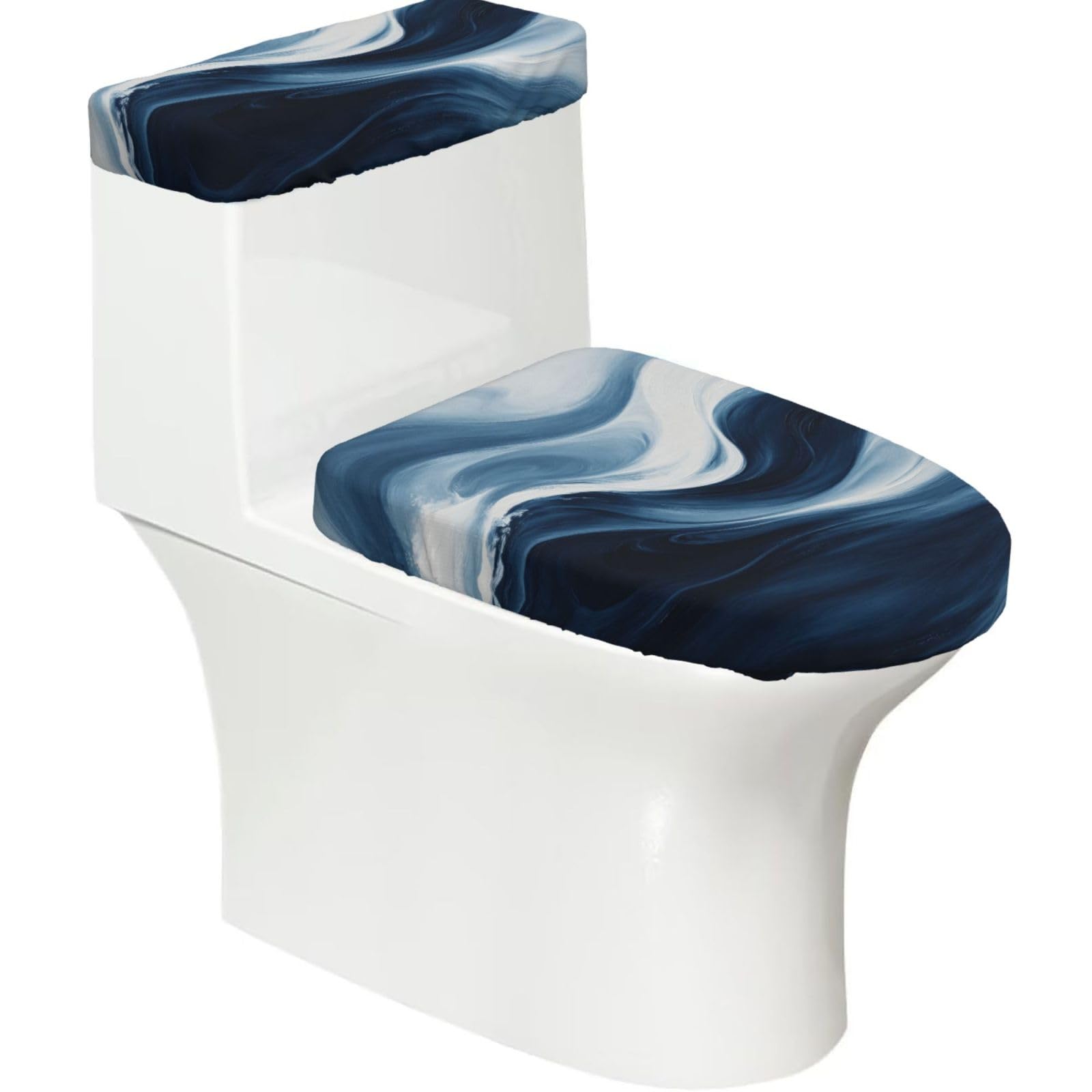 Cntdbu Black Deep Blue Wave Elastic Toilet Cover Set Of 2-Stretchy Lid And Tank Covers For Bathroom, Soft Washable U Shape Toilet Decor