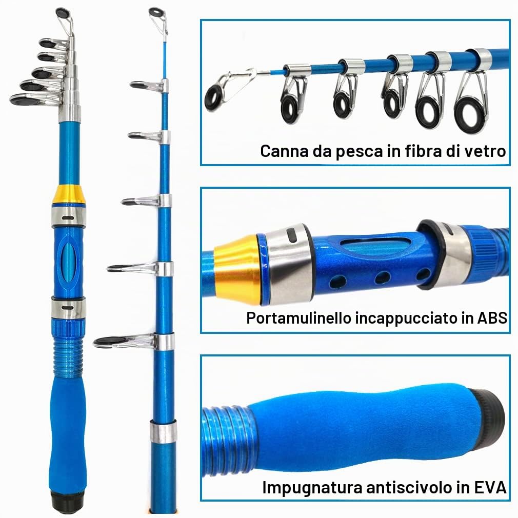 Kilitn Canna da pesca telescopica per bambini, 1,5 m, portatile e mulinello, combo e corda con lenza, kit completo, attrezzatura per ragazzi e adulti, Spinning