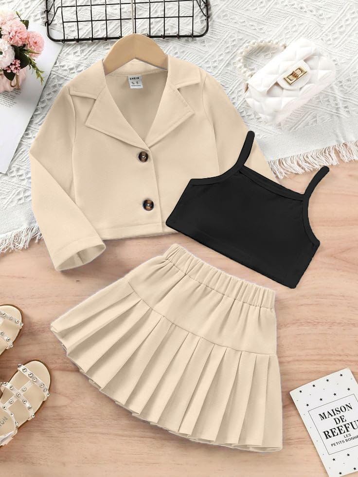 Image of Three Piece Co ord Set Dress for Girls| Jacket Top and Skirt Open Front Suits Set| Girls Clothing Set