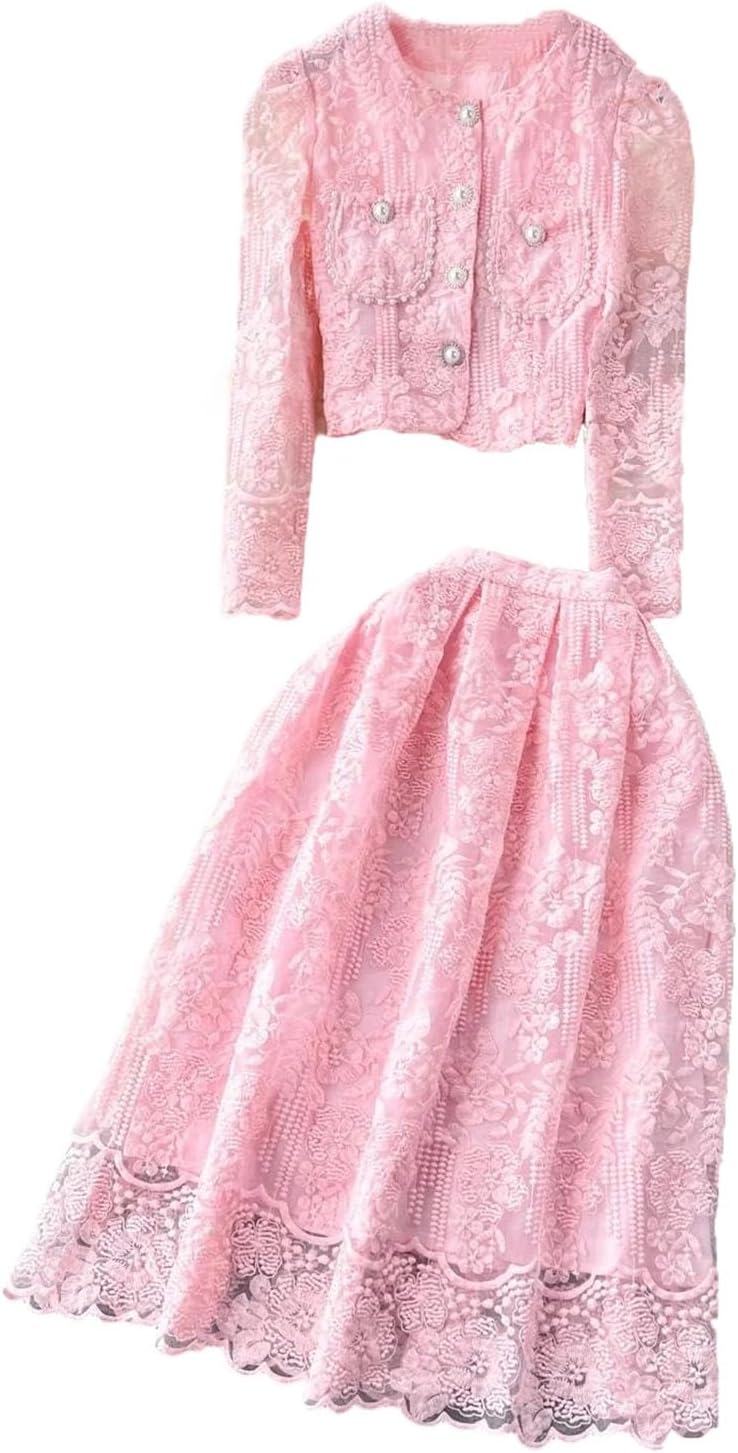 Women's Floral Embroidery Two Piece Set V Neck Long Sleeve Button Down Lace Floor Length Skirt Suit Formal Office Wear