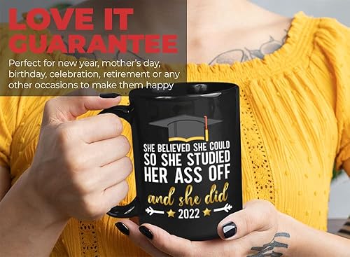 Miniatura 7 de Bubble Hugs Taza de café universitaria de graduación de 15 onzas, color negro  She Believed She Could So She Studied Her Ass Off  Citas inspiradas
