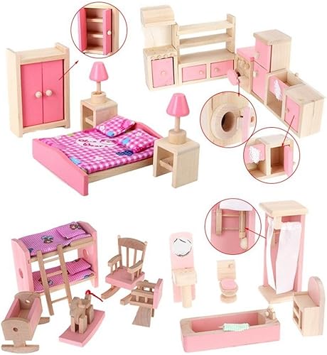 Miniatura 6 de Juego de muebles de casa de muñecas de madera, incluyendo cocina, baño, dormitorio, habitación de niños, para casa de muñecas color rosa