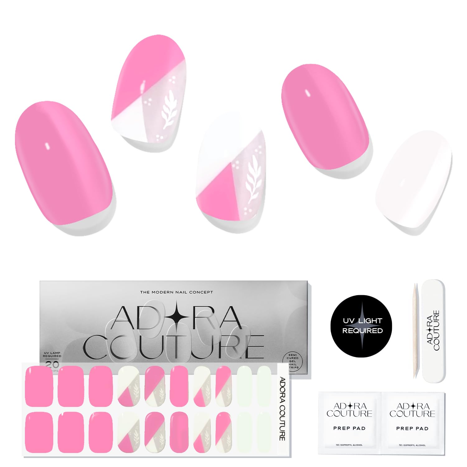 Adora Couture Semi Cured Gel Nail Strips with 20 Pieces, Salon Quality Wraps for Women, UV Gel Stickers, UV Light Required, Barbie French