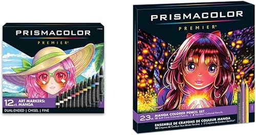 Prismacolor 1759444 Premier - Marcadores artísticos de doble extremo punta fina y cincel colores de manga 12 unidades y lápices de colores de