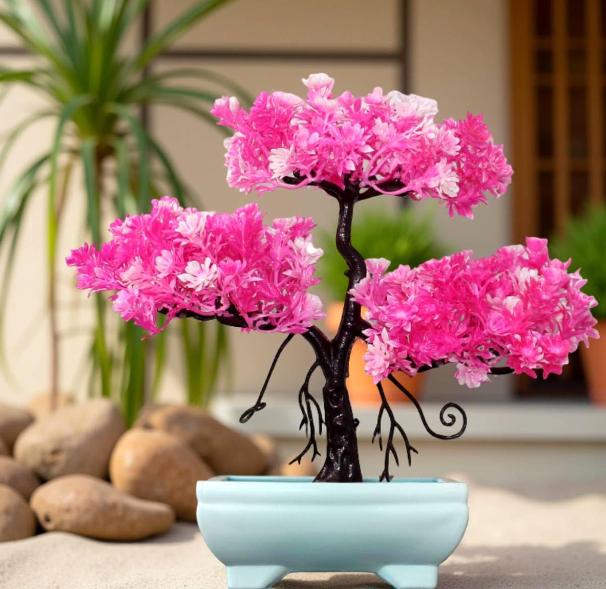 (Set of 3) Artificial Bonsai Tree 28 cm for Home Decoration Realistic Looks with 2 Small Pink Flowers pots 11 cm for Livingroom Bedroom Office Table Kitchen Indoor & Outdoor Balcony 4