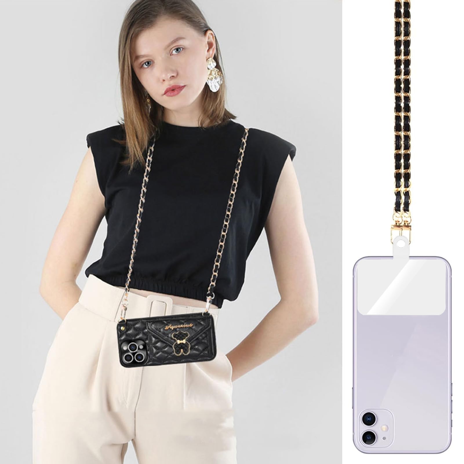 2 Chaînes Pour Téléphone Portable - Longues Et Courtes, En Cuir Avec Patch Universel - Noir