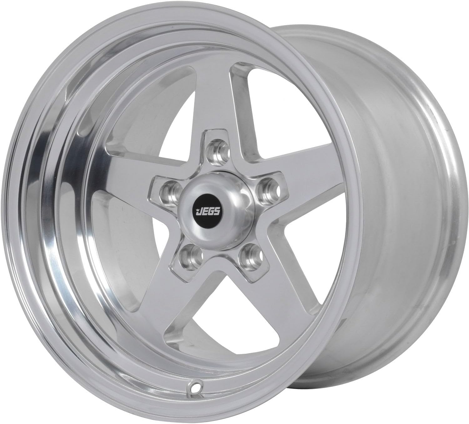 JEGS SSR Star Aluminum Wheel 15in.x 10in.| 5 x 4.75in.Wheel Bolt Pattern Spacing | 0 mm Offset | 5.5in.Backspacing | Polished | 3.27in.Center Bore | Includes Center Cap