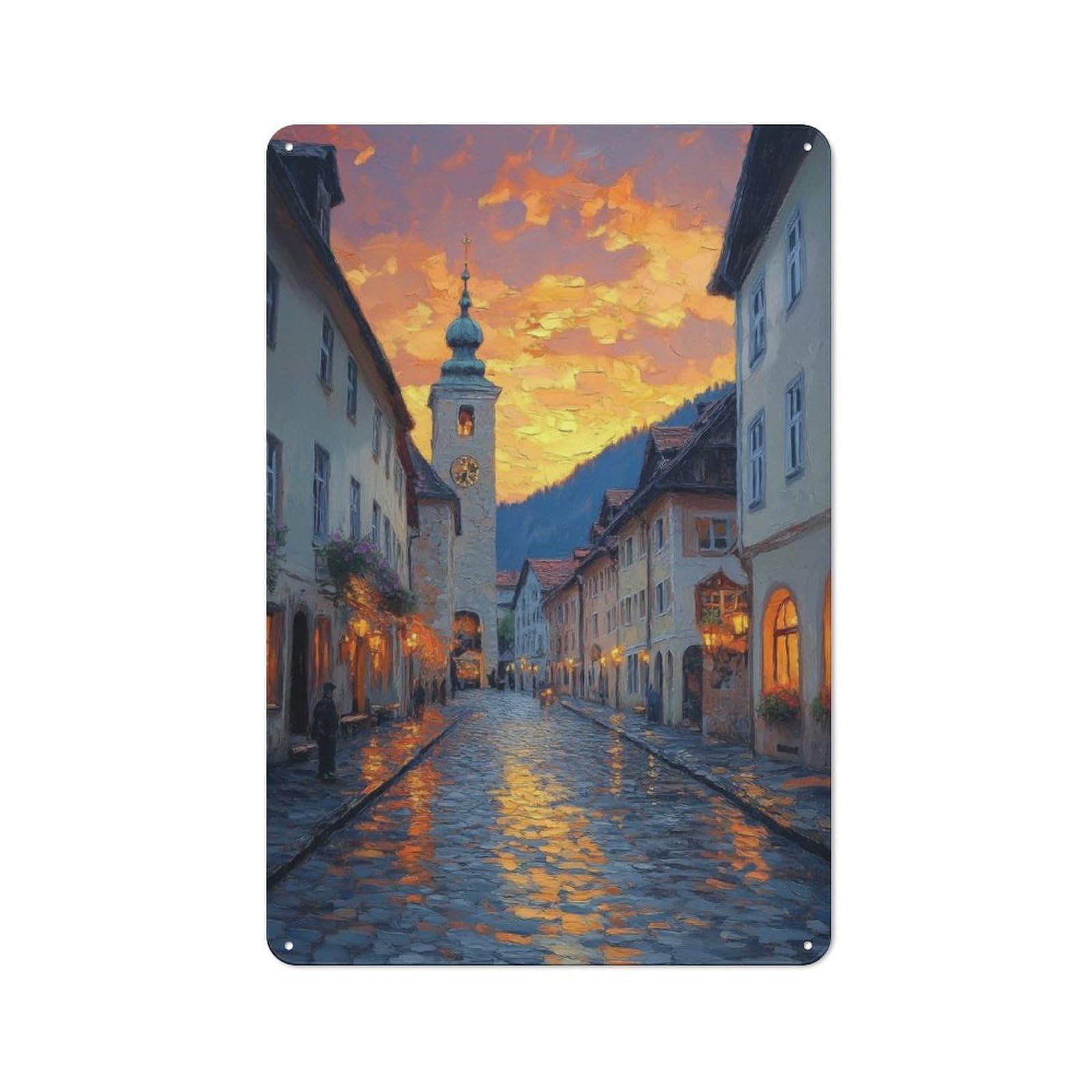 Junmoney Style-3 Tin Wall Plaque 30X20cm With Cobblestone Street At Sunset For Living Room Wall, For Kitchen, Dining Room And Home Bar Wall Decor