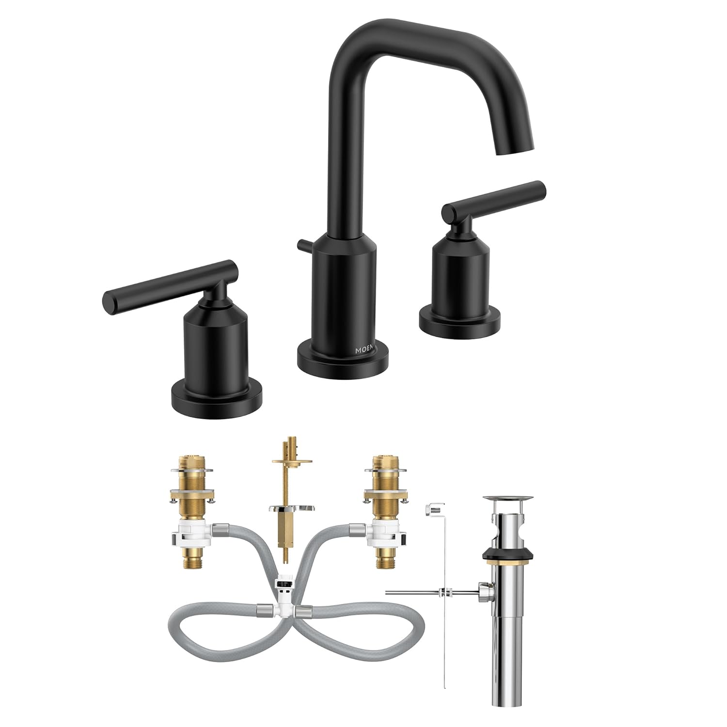 Moen Gibson Matte Black Two-Handle High Arc Widespread Bathroom Sink Faucet for 3-Hole Setups with Valve Included TV6142BL
