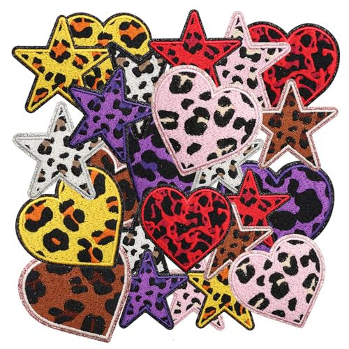 Nicime 24pcs Leopard Iron/Sew on Patches, Cute Star Heart Embroidered Applique, Funny Decoration for Clothes, Hat, Bag, Dress, Shirt, Jeans