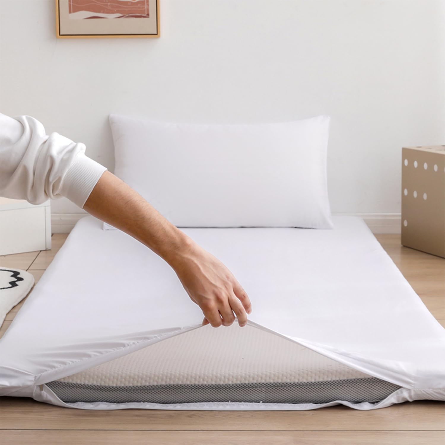 Solid Color Futon Mattress Cover,Full Size Washable Zipper Floor Mattress Cover Cotton for Dust Protection,Soft Sleeping Mat Protective Cover,White,Twin/90x200cm