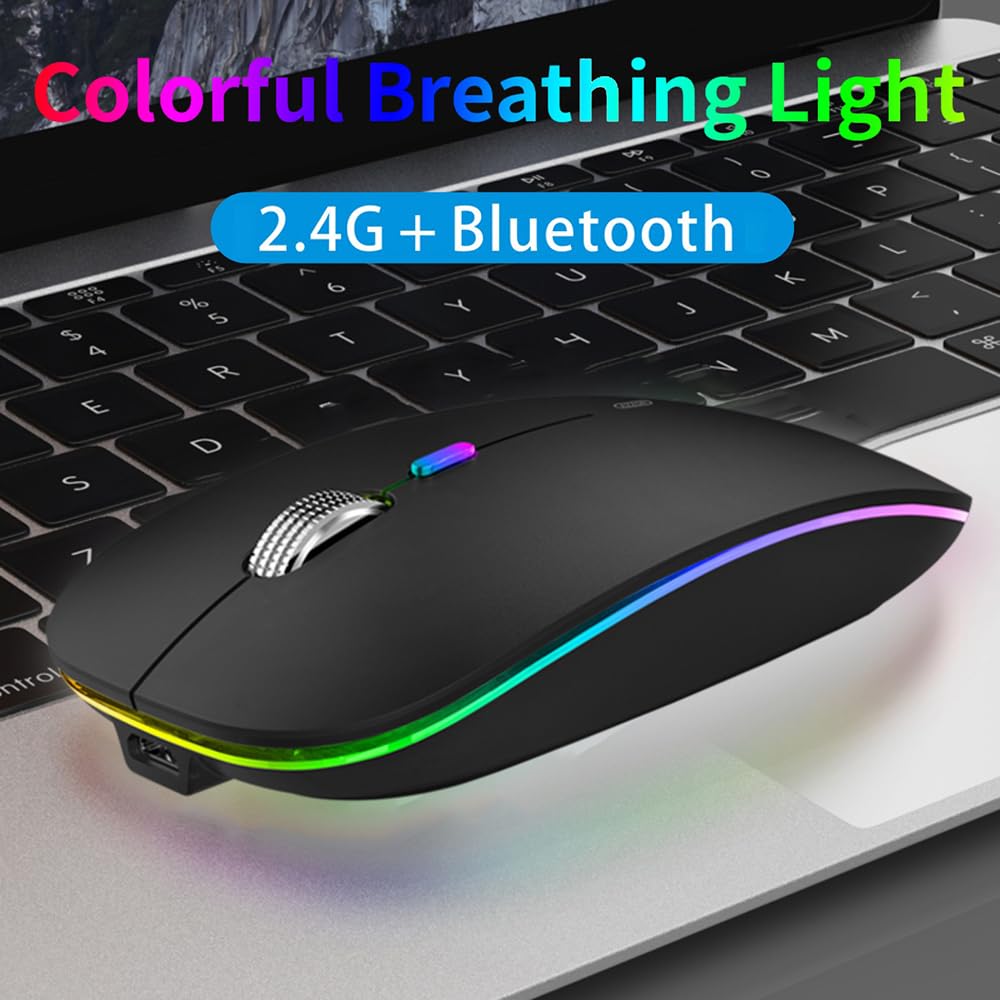 TENMOS Wireless Bluetooth Mouse, LED Slim (Bluetooth 5.1/5.0 + USB) 2.4GHz Rechargeable Silent Bluetooth Wireless Mouse with Type C Adapter for Laptop/MacBook/iPad OS 13 and Above (Matte Black) - Image 2
