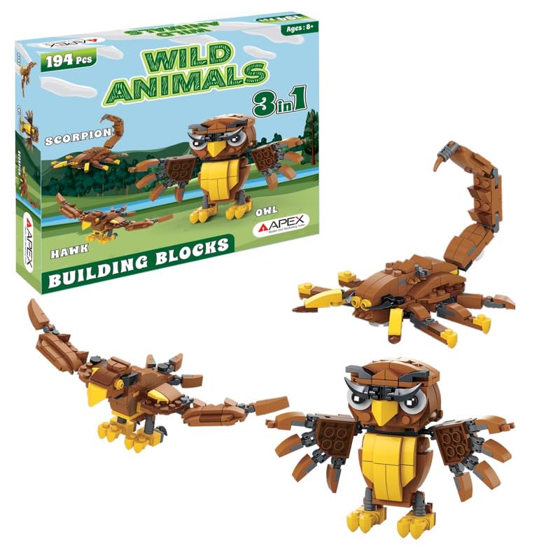 Image of Apex 3-in-1 Wild Animal Building Blocks Toy Set- Build Owl, Hawk or Scorpion | 194 PCS Creative Construction Bricks | STEM Educational Toy for Kids Ages 6+