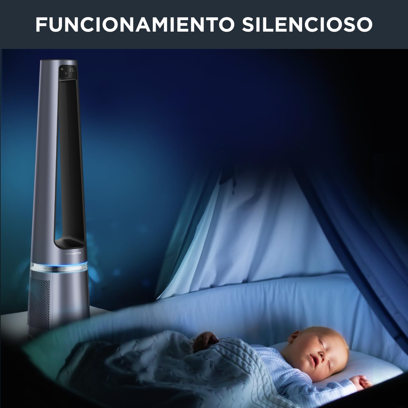Rowenta 2 en 1 Purificador de Aire y Ventilador, 12 Velocidades, Oscilación, Filtra Partículas Finas hasta el 99,95%, Silencioso, Mando a Distancia, Plata, Eclipse, QU5030