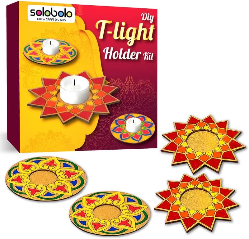 Solobolo Tea Light Candle Holder DIY KIT | Diwali Decorative Item| Paint Your own Tealight Holder for Home Decor Office||Diwali Decoration Puja Articles Decor Gift TeaLight(2pc)| Set of 4 (D-1-3)