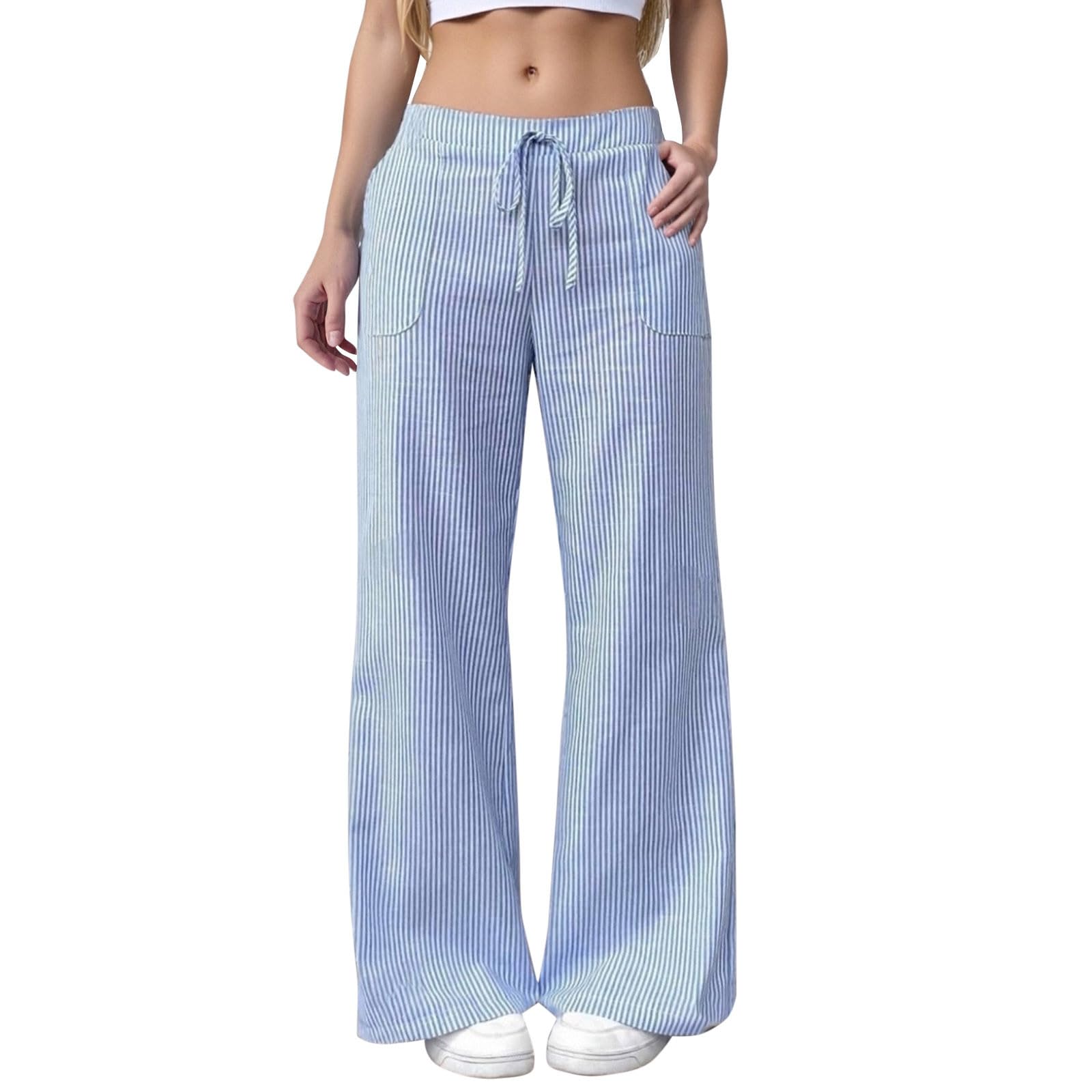 Pantalon Femme Ample Taille Élastique Rayé Pantalon Chic et Elegant Pantalons Fluide Pantalons de Jogging à Jambes Larges avec Cordon de Serrage Femme
