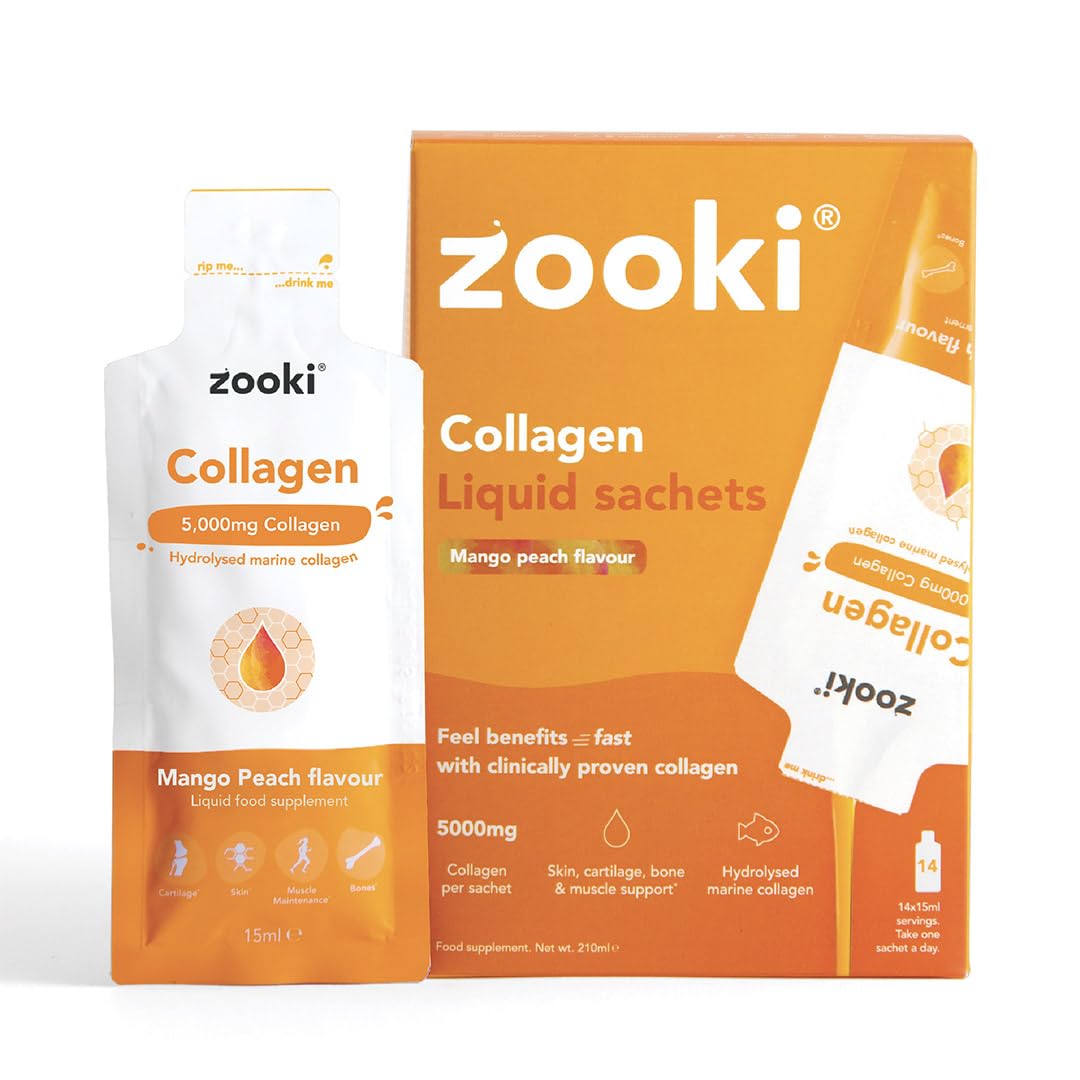Zooki Marine Collagen Liquid Sachets 5,000mg – Great Taste, Sugar Free – High Strength Marine Collagen Supplements for Women & Men – Skin, Joints & Hair (Mango Peach Flavour, 14 Servings)