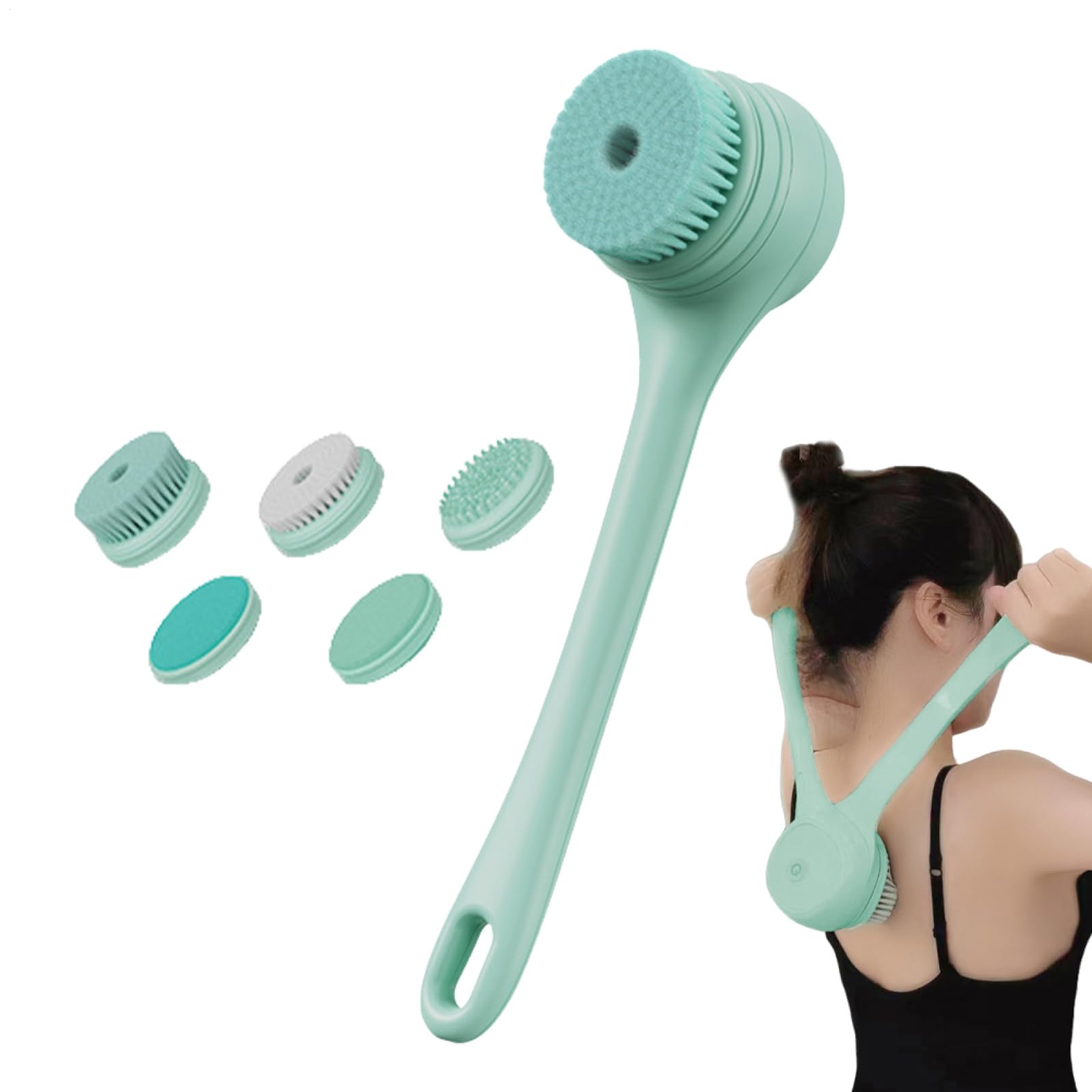 Scrubber per la schiena per doccia, spazzola da bagno con doppio manico | Scrubber per il corpo con ricarica USB e manico lungo | Spazzola elettrica Spazzola per la schiena a batteria grande 5 testin
