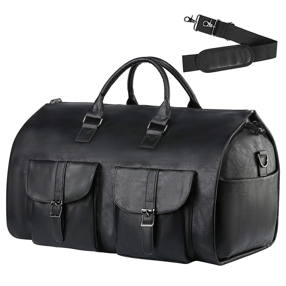 Premium PU Leather Carry On Garment Bag - 2-in-1 Hanging Suitcase & Travel Duffel Bag for Business, Extra Large Foldable Luggage with Adjustable Strap (Black)