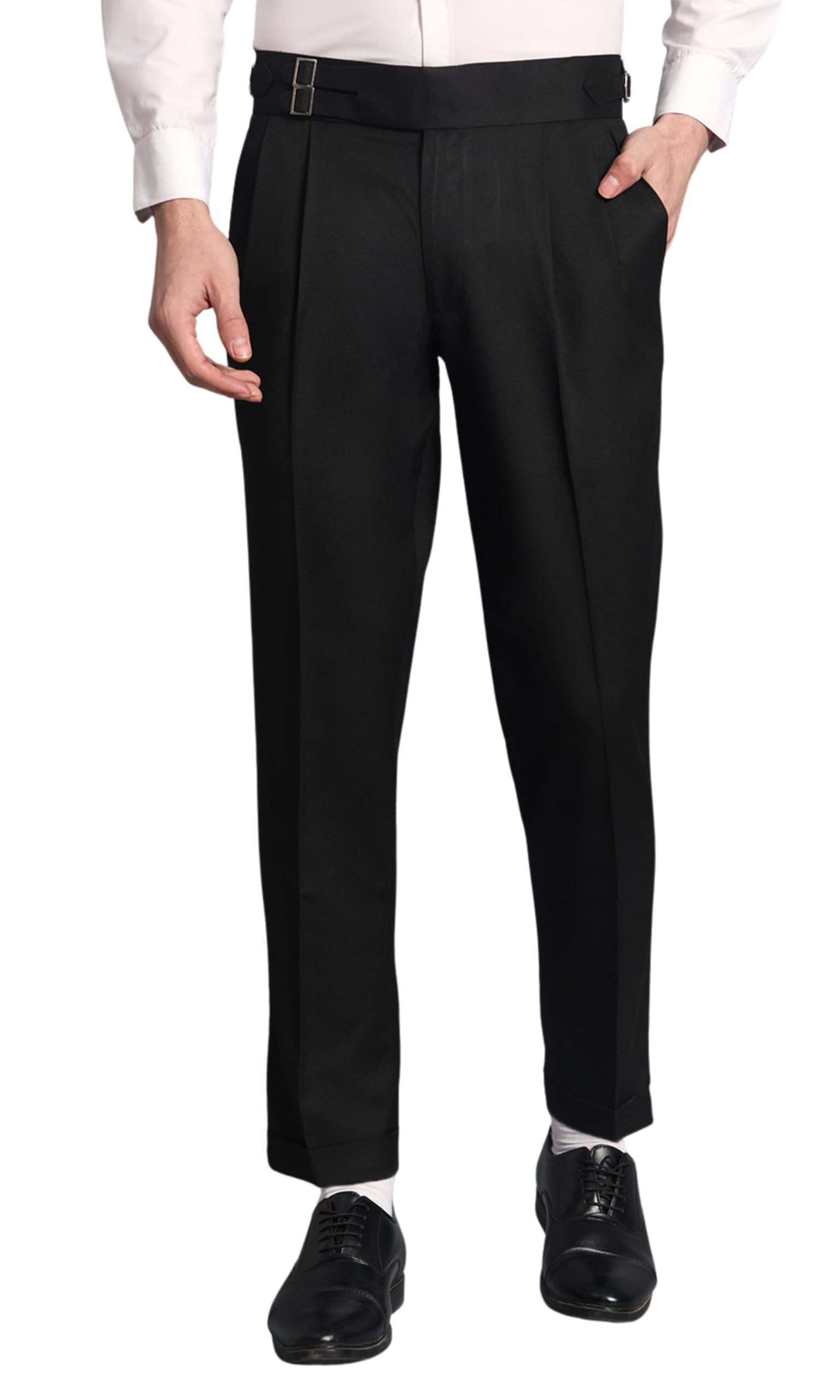vastranu Men’s Black Gurkha Pants Premium Regular fit Formal Trouser with Double Side Buckle Double Pleated Front High Waist Tailored Ankle Length Designer Pant for Wedding Party Office Wear-picture-25