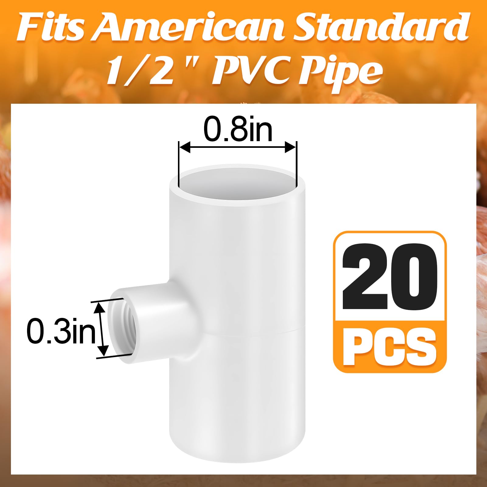 20 Pack Chicken Waterer PVC Tee Fittings - Fully Automatic for Threaded Chicken Waterer Nipples/Cups/Feeders/Poultry Water Drinker, White