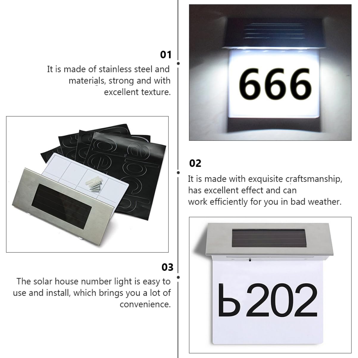 Lampada Solare da Parete con Sensore di Movimento 4led per Numero Civico, Materiale Acciaio Inossidabile e Abs, Facile da Installare, Risparmio Energetico, per Uso Esterno in Casa