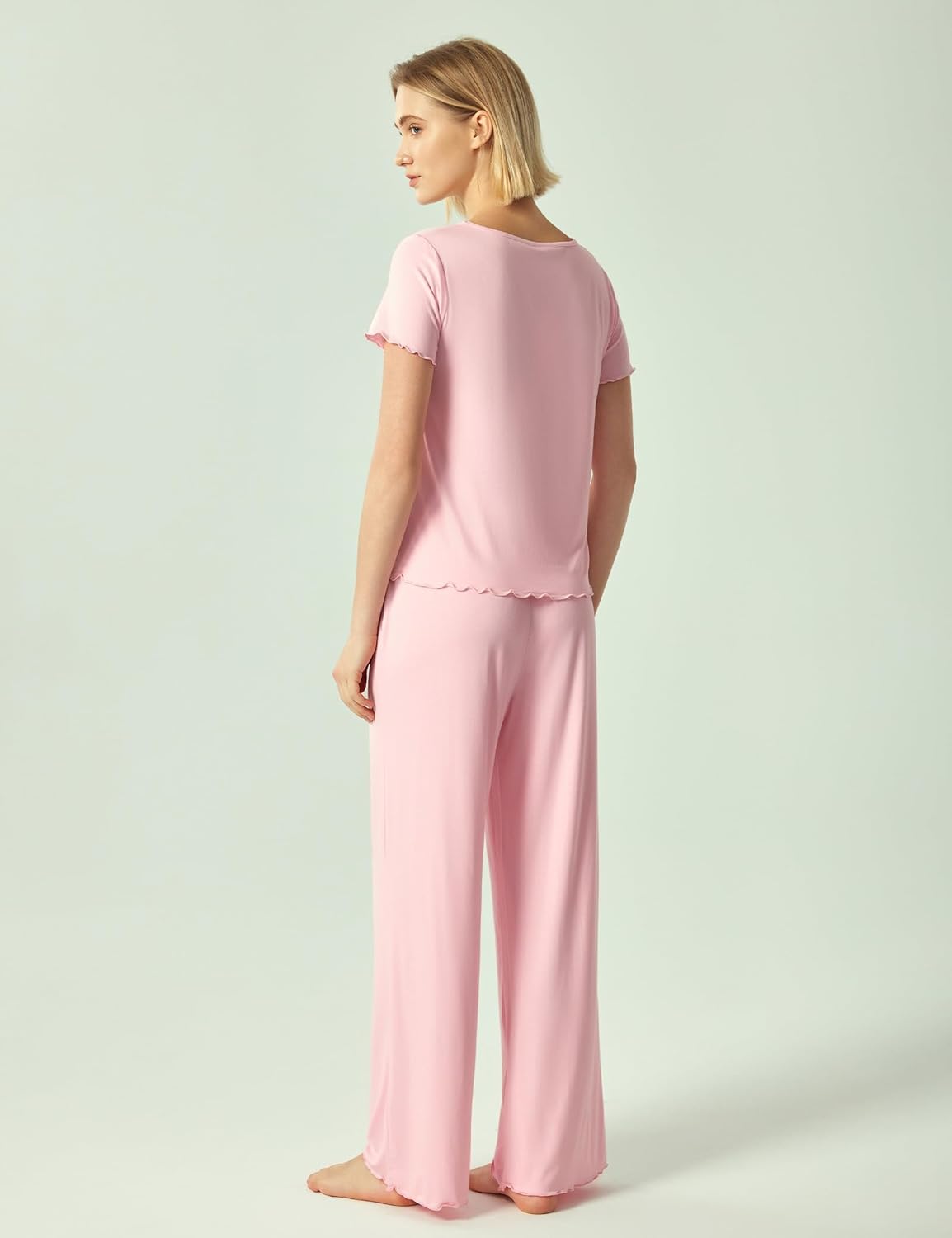 GYS Bamboo Viscose Pajamas for Women Short Sleeve Sleep Shirt and Wide Leg Pj Pants Sleepwear Set - Image 2