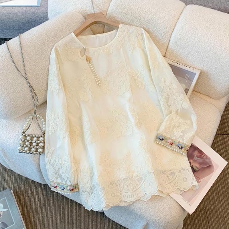 Women's Chinese Style Heavy Embroidered Lace Blouse Spring Retro Beaded Pendant Long Sleeve Top