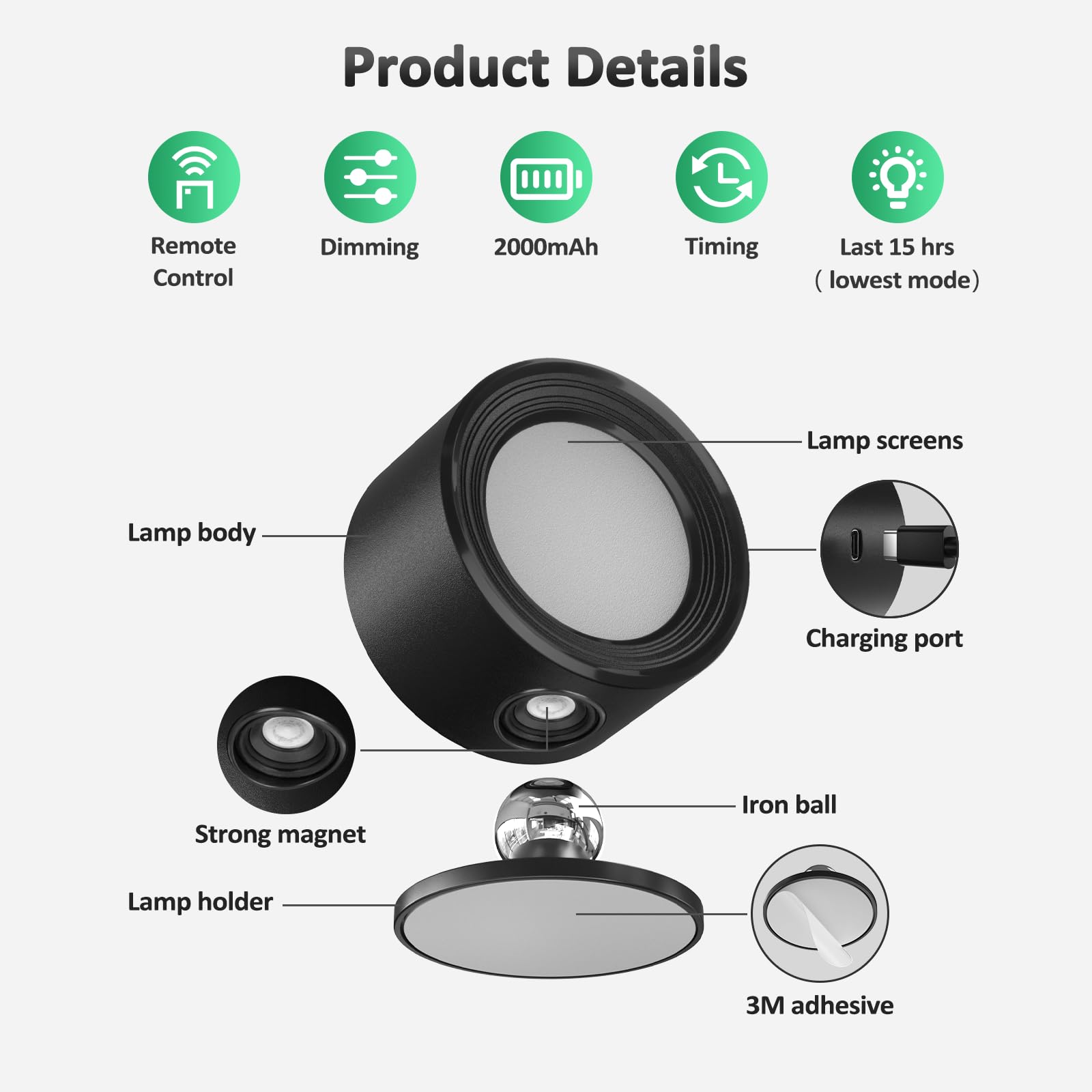 Lightbiz LED Wall Mounted Lights 2 Pcs with Remote, Wall Sconces Lamp 2000mAh Rechargeable Battery Operated, Brightness Adjustable Magnetic Ball 360° Rotation Night Light for Bedroom Bedside