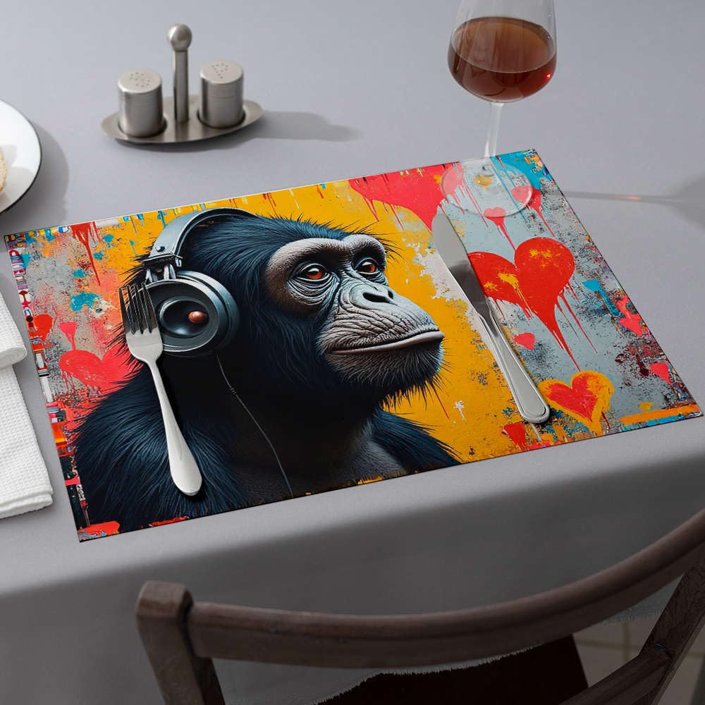 Chemin de table d'été lavable anti-tache avec sets de table chimpanzé pop