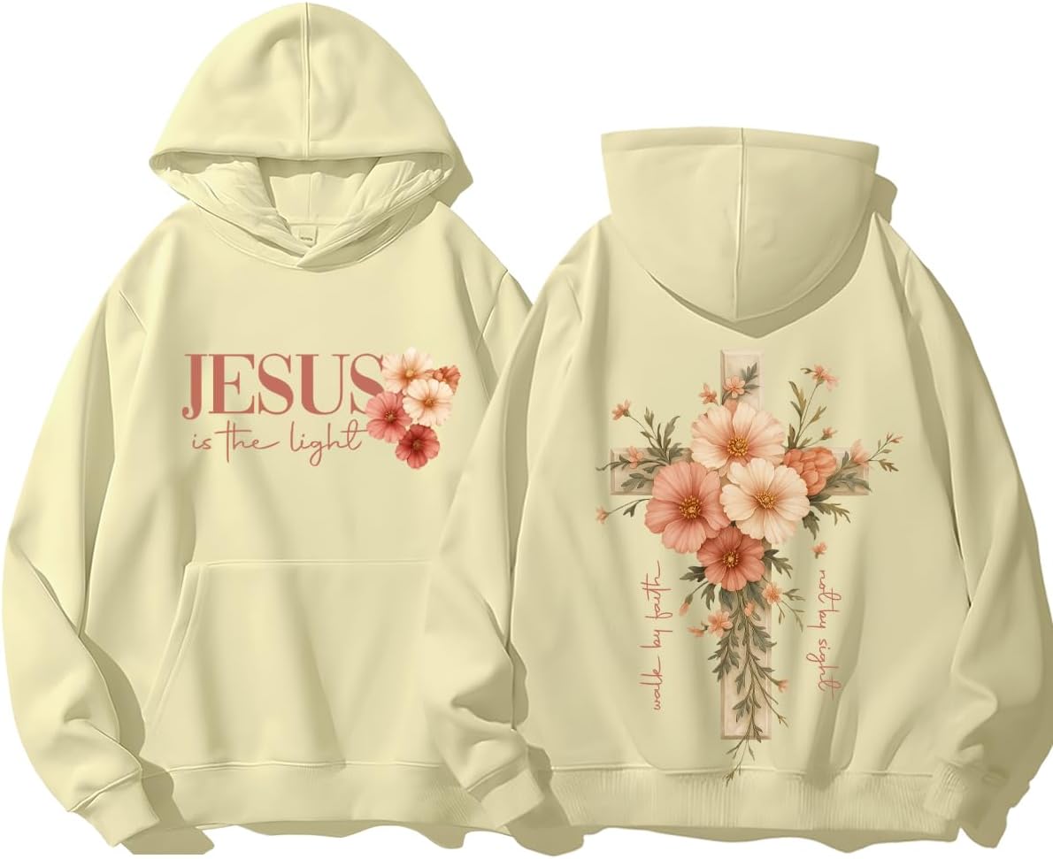 Faith Cross Christian Hoodies For Women With Floral Cross, Womens Graphic Sweatshirt Long Sleeve Shirt