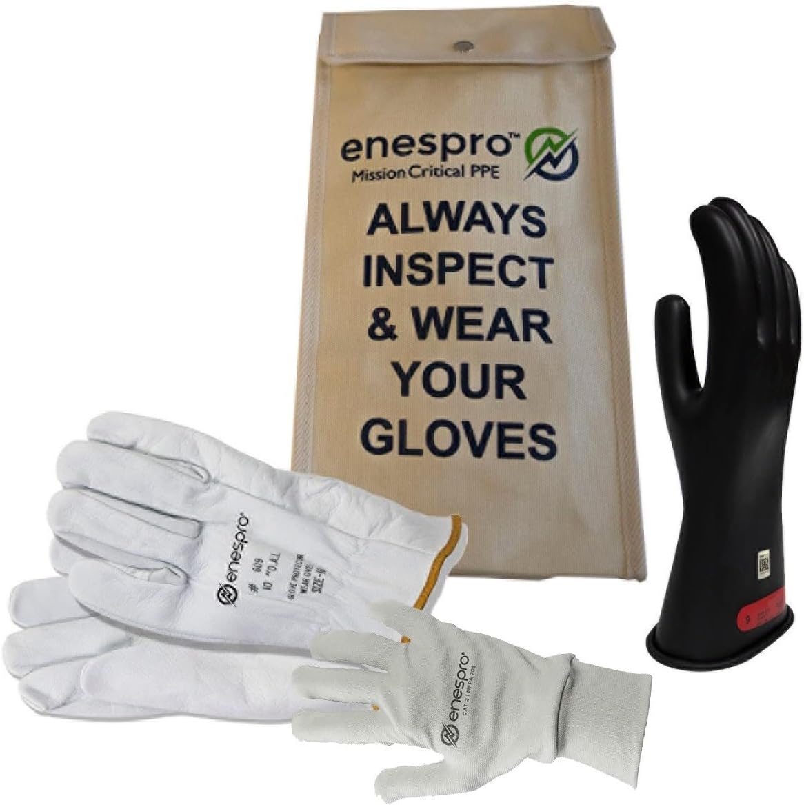Enespro Class 0 Yellow Rubber Voltage Insulating Glove Premium Kit with FR Knit Glove and Leather Protectors