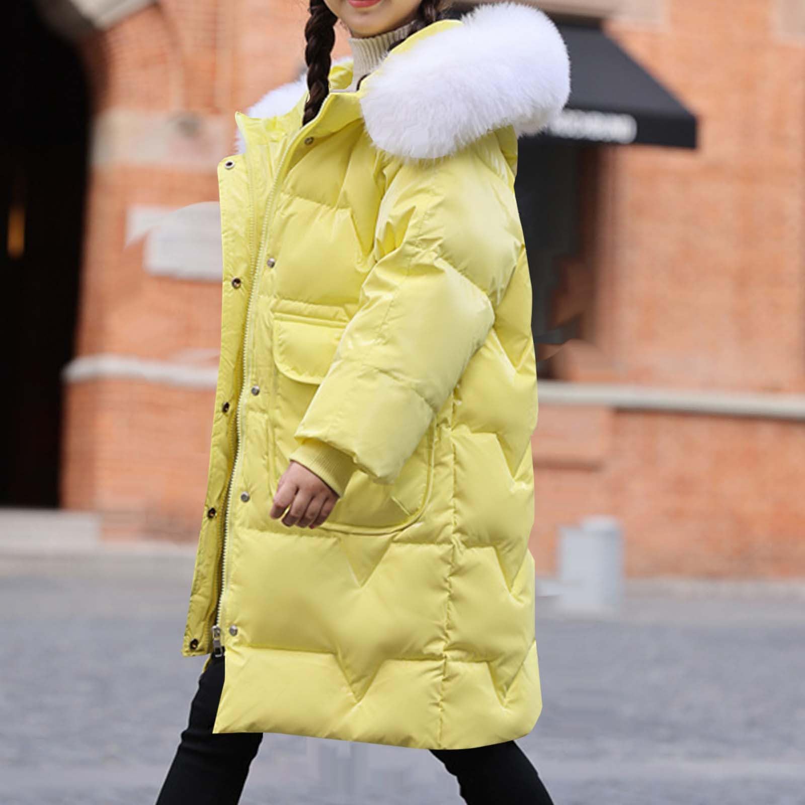 Chaqueta larga acolchada para niñas con capucha de piel sintética para invierno, resistente al viento, con capucha, estilo casual, para exteriores, cortavientos, longitud media, para