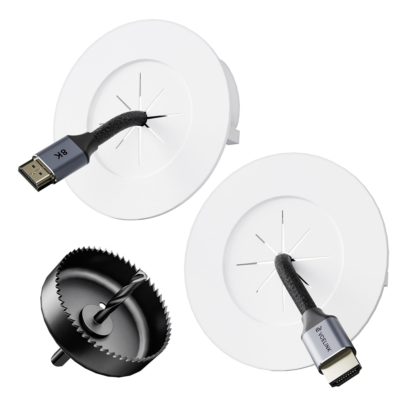 VCELINK in Wall Cable Management Kit Easy Install, Cable Pass Through Wall Plate, Wall Cable Hider, TV Wire Hiding Kit Hides Wires Behind The Wall with A3 Steel Hole Saw Drill Attachment, 2 Pack