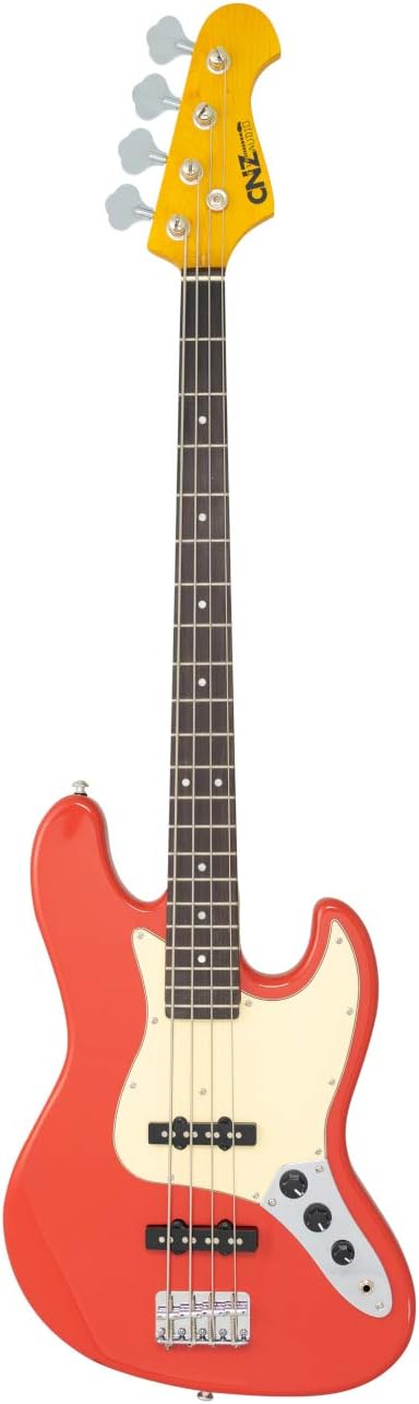 JB Electric Bass Guitar- Fiesta Red, Basswood Body, Amber Maple Neck, Rosewood Fingerboard & 3ply Ivory Pickguard