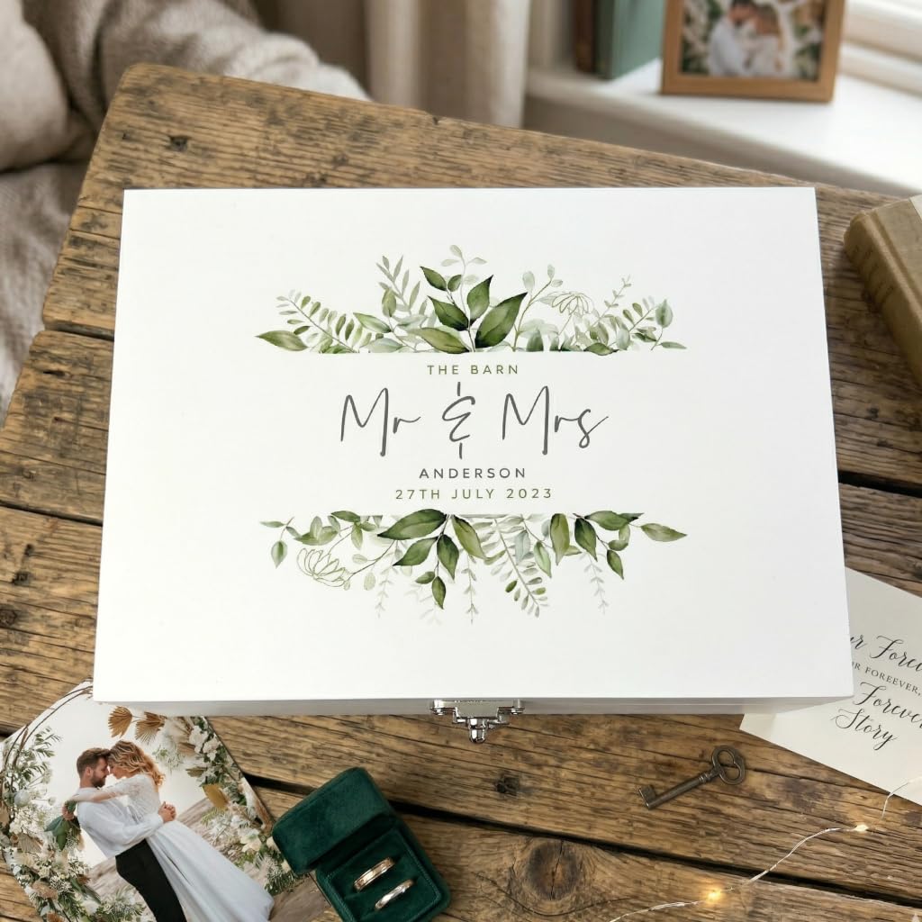 Caja de recuerdos de boda botánica de madera blanca personalizada | Nombres personalizados, lugar y fecha | Regalo de boda para parejas | 27 x 19 x 14 cm