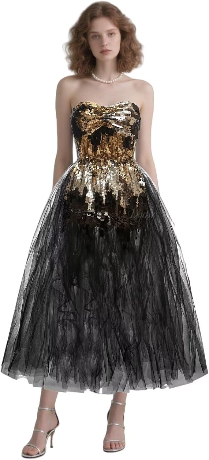 Dydsz Sparkly Sequin Puffy Tulle Prom Dresses for Women Midi Strapless Birthday Party Gown Corset Homecoming Dress