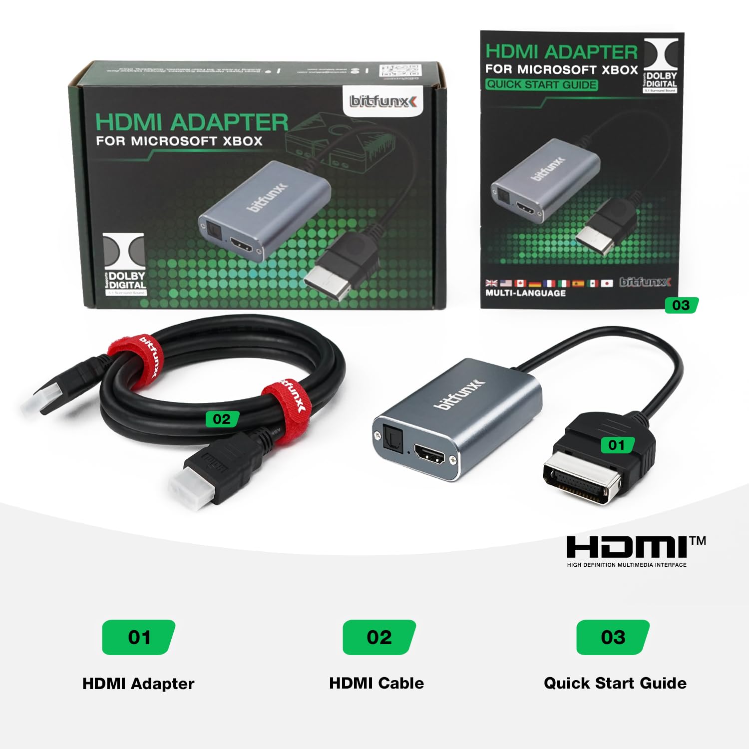 BITFUNX Adaptador HDMI para consola Xbox, convertidor HDMI para consola Xbox, compatible con cable HD que acepta sonido envolvente digital Dolby 5.1, adaptador de videojuegos Plug and Play sin