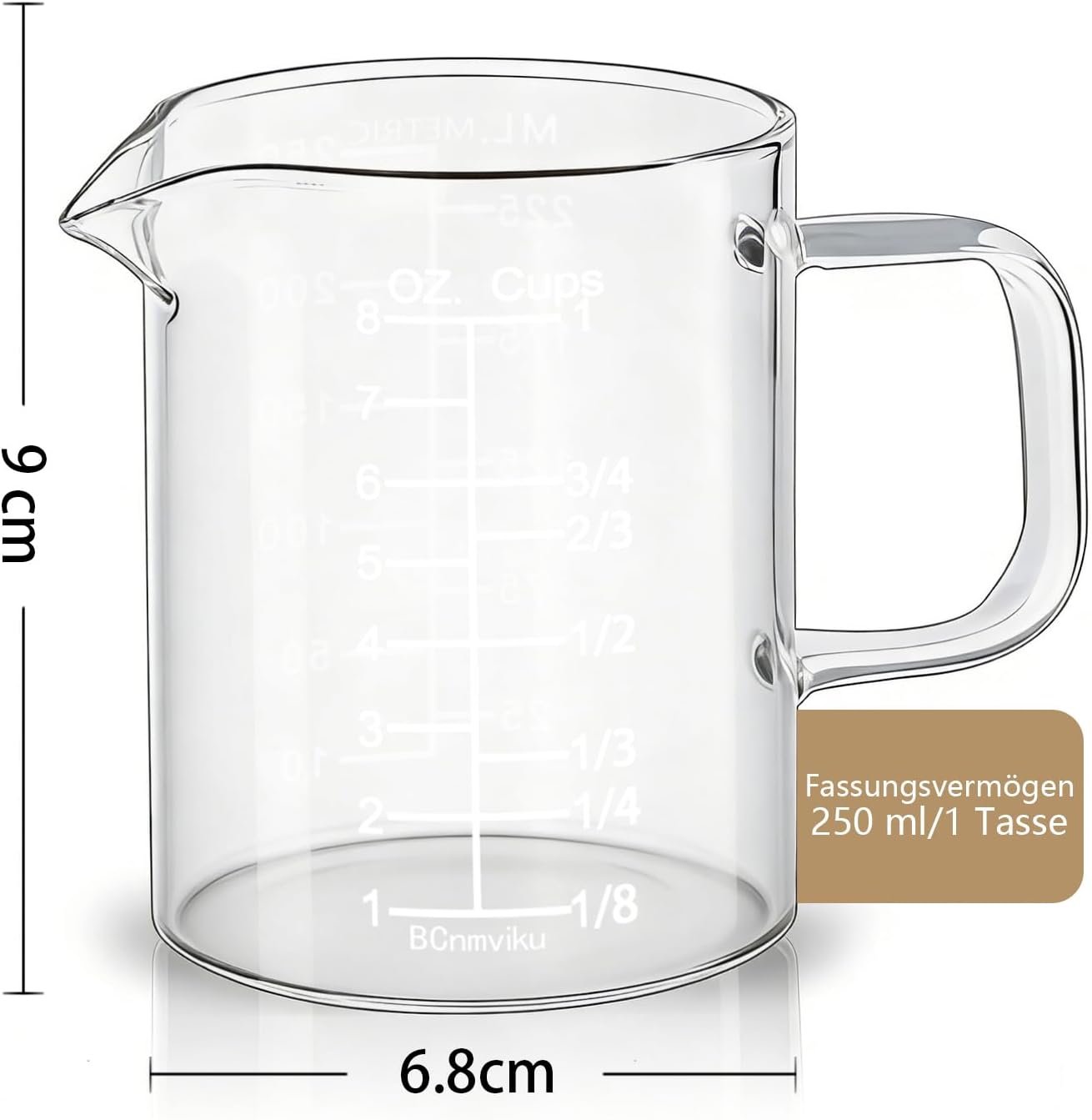 Glass Measuring Cup with Handle, 8OZ/250ML/1 CUP Glass Measuring Pitcher with OZ and Cup Markings, Heat-Resistant Borosilicate Glass for Coffee (NC-250ML)