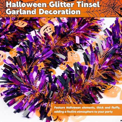 Image of 50FT Halloween Tinsel Garland, Thick Glitter Purple Orange Pumpkin Garlands Metallic Holiday Hanging Streamers for Halloween Party Supplies Indoor Outdoor Decoration