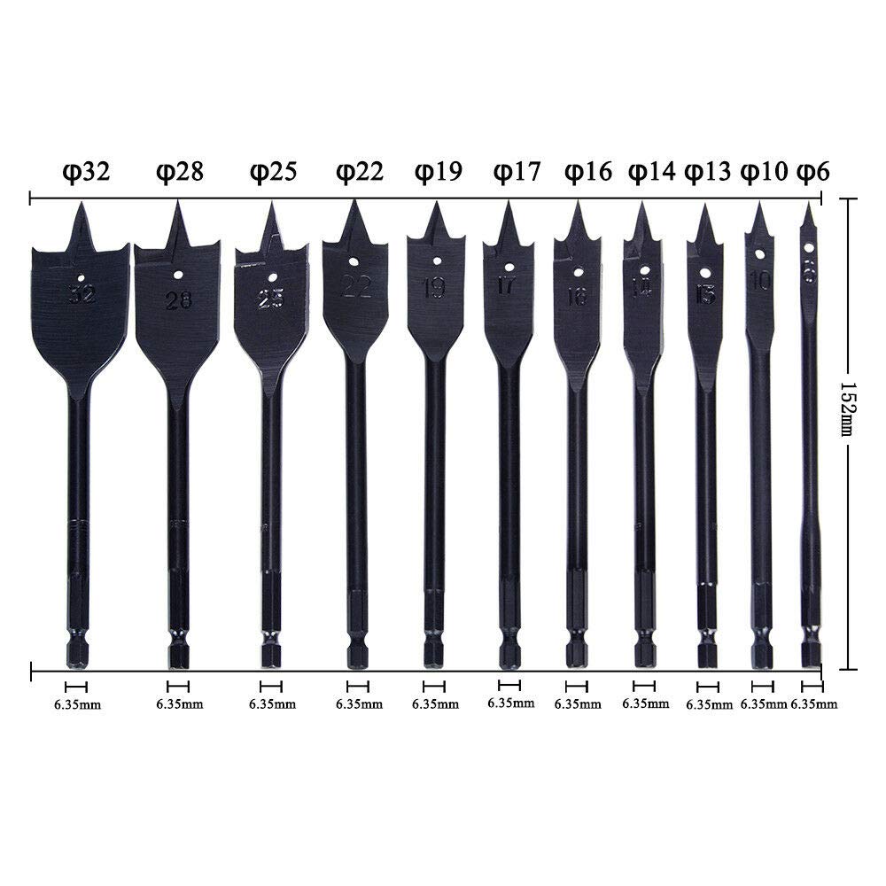 Supertool - Juego de 11 brocas planas para madera (6 mm a 32 mm)