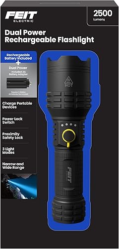 Linterna Feit Electric Flex Power, 2500 lúmenes, recargable y compatible con batería AA, aluminio de grado aeronáutico, carga rápida USB-C, bisel de
