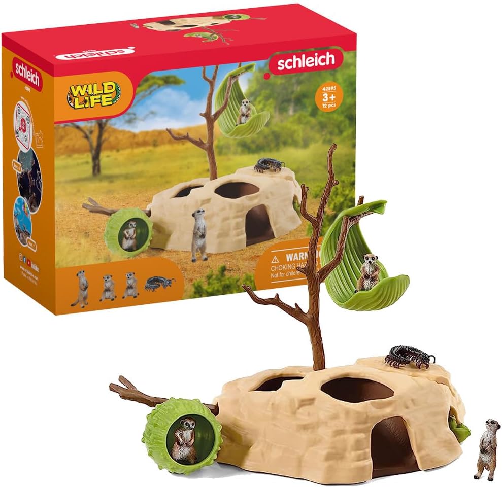 Schleich Wild Life Meerkat Playtime Hangout with Meerkat Figurines Playset - 10pc Wild Baby Meerkat Playtime Figurine Set with Hideout and Accessories, for Boys and Girls, Gift for Kids Ages 3+