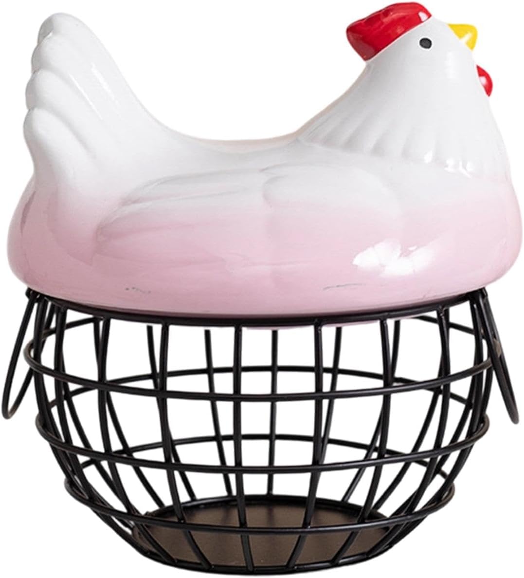 Fenteer Chicken Egg Basket Egg Collecting Basket with Ceramic Hen Lid Fruit Bowl Tabletop Ornament for Fruits Eggs Farm Home Kitchen, Pink Black