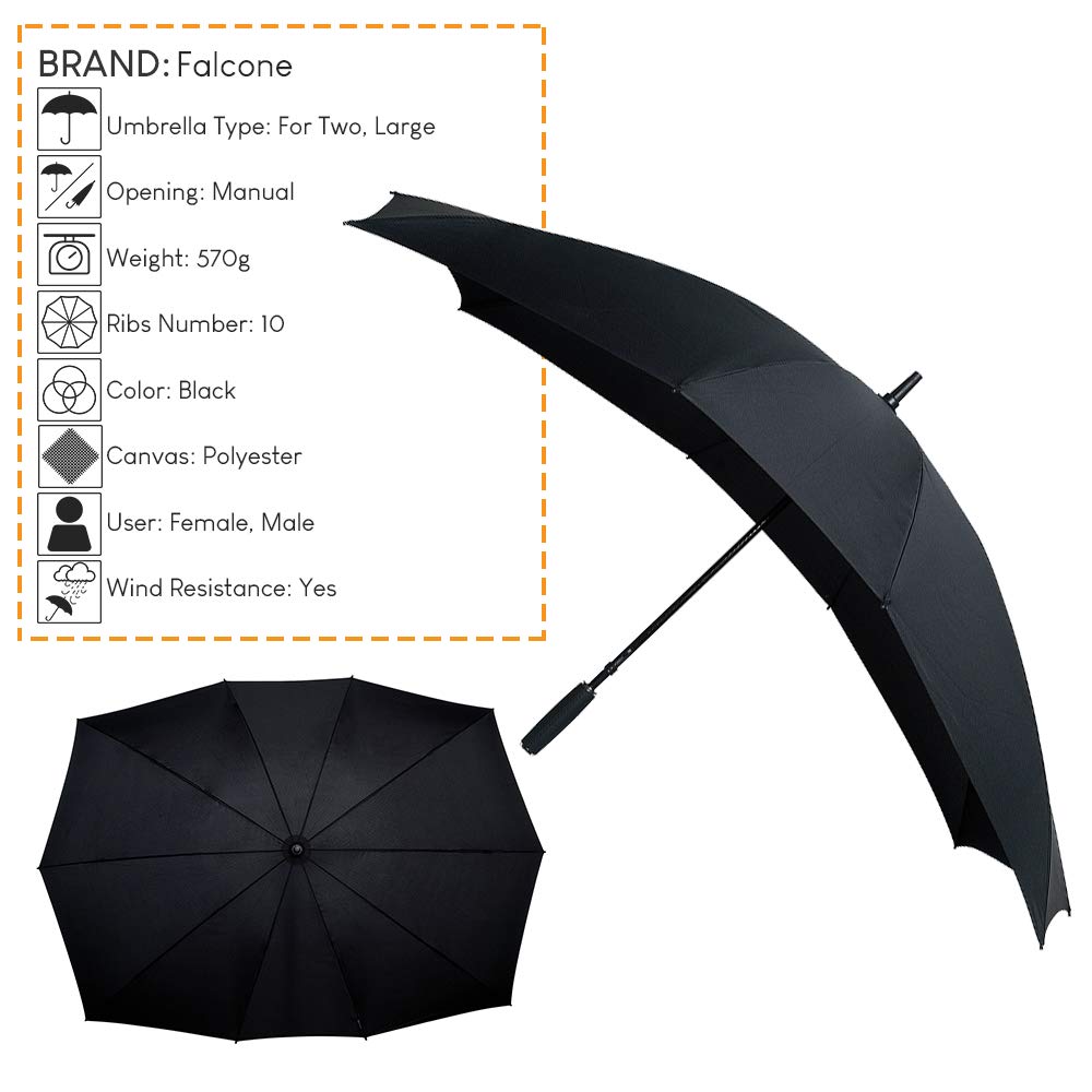 Le Monde du Paraguas FALCONETW3NOIR - Gran Paraguas derecho para dos personas, 140 cm de diámetro, color negro