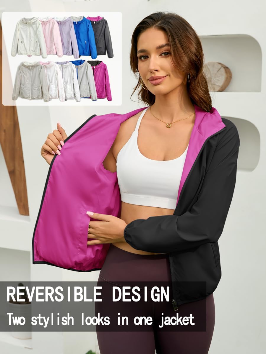 Womens Reversible Rain Jacket Lightweight Waterproof Windbreaker Jacket Outdoor Active Portable Raincoat - Image 5